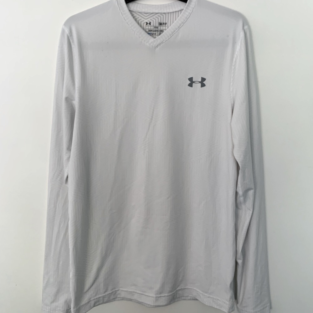 Under Armour Cold Gear V-Neck White Geometric Pattern Long Sleeve Tee Size S